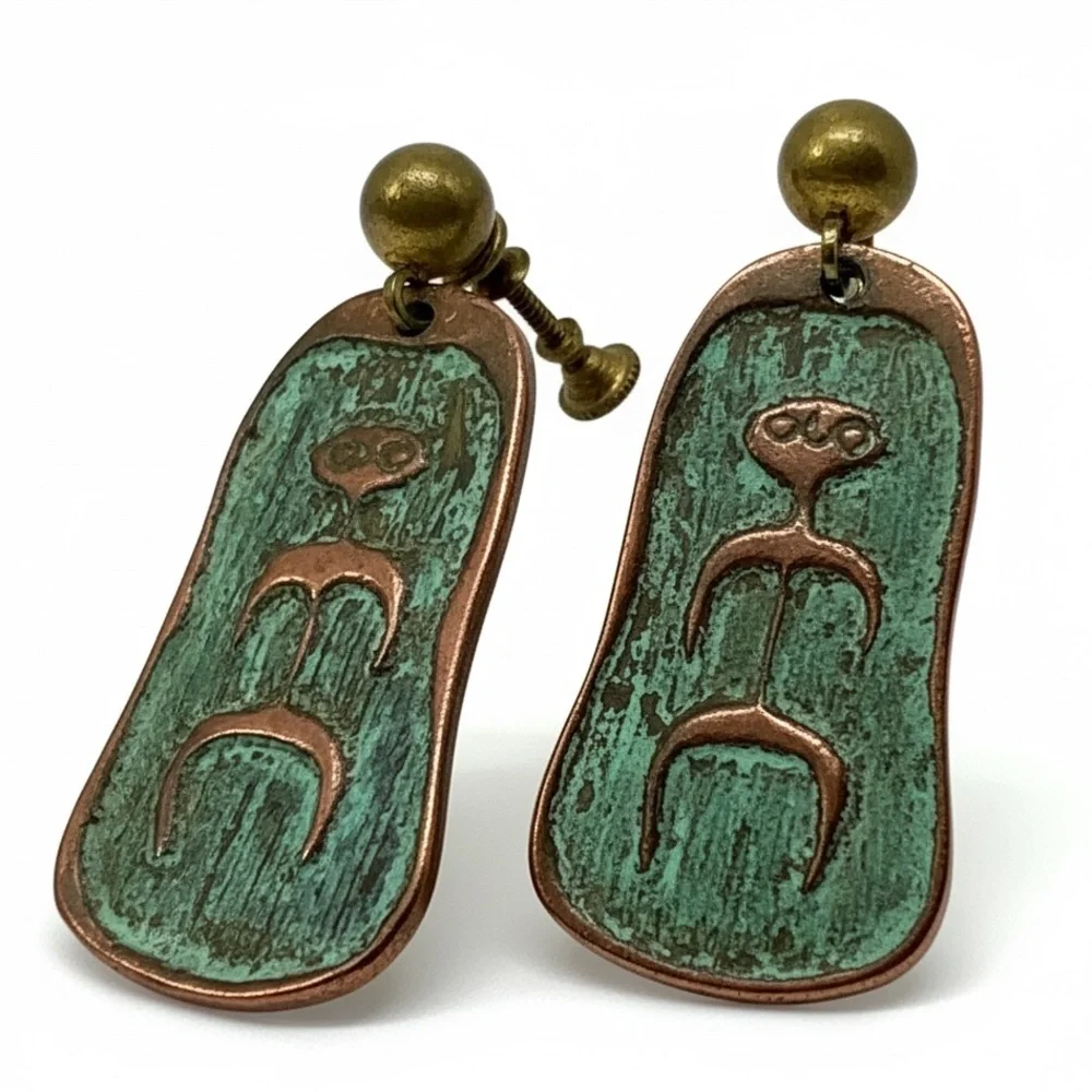 Vintage Copper Enamel Earrings Mid Century Modern Abstract Screw Back